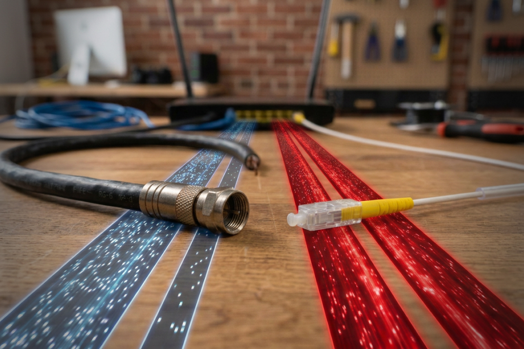 Coaxial and fiber optic cables on a workbench with glowing red and blue light trails, symbolizing network connectivity.